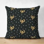 Çift Taraflı Siyah Zemin Üzerinde Gold Detaylı Fiyonk Çizimli Modern Süet Yastık Kırlent Kılıfı Realhomes