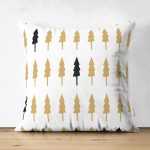 Çift Taraflı Beyaz Zemin Üzerinde Gold Detaylı Çamağacı Desenli Modern Süet Yastık Kırlent Kılıfı Realhomes