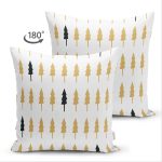 Çift Taraflı Beyaz Zemin Üzerinde Gold Detaylı Çamağacı Desenli Modern Süet Yastık Kırlent Kılıfı Realhomes