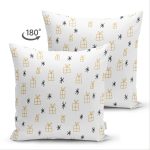 - Suet-K-7721-Gorsel2 - Realhomes Çift Taraflı Beyaz Zemin Üzerinde Gold Renkli Hediye Paketi Desenli Süet Yastık Kırlent Kılıfı Realhomes