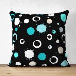 Çift Taraflı Siyah Zeminli Renkli Puantiyeli Dijital Baskılı Modern Süet Yastık Kırlent Kılıfı Realhomes