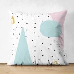 Çift Taraflı Beyaz Zemin Üzerinde Renkli Modern Desenli Siyah Puantiyeli Süet Yastık Kırlent Kılıfı Realhomes