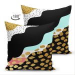 Çift Taraflı Renkli Zemin Üzerinde Gold Detaylı Modern Desenli Modern Süet Yastık Kırlent Kılıfı Realhomes