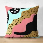 Çift Taraflı Renkli Zemin Üzerinde Gold Detaylı Modern Desenli Modern Süet Yastık Kırlent Kılıfı Realhomes