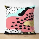 Çift Taraflı Renkli Zemin Üzerinde Gold Detaylı Modern Desenli Modern Süet Yastık Kırlent Kılıfı Realhomes