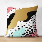 Çift Taraflı Renkli Zemin Üzerinde Gold Detaylı Modern Desenli Modern Süet Yastık Kırlent Kılıfı Realhomes