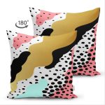 Çift Taraflı Renkli Zemin Üzerinde Gold Detaylı Modern Desenli Modern Süet Yastık Kırlent Kılıfı Realhomes