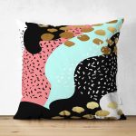 Çift Taraflı Renkli Zemin Üzerinde Gold Detaylı Modern Desenli Modern Süet Yastık Kırlent Kılıfı Realhomes