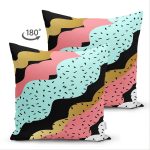 Çift Taraflı Renkli Zemin Üzerinde Gold Detaylı Modern Desenli Modern Süet Yastık Kırlent Kılıfı Realhomes