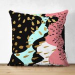 Çift Taraflı Renkli Zemin Üzerinde Gold Detaylı Modern Desenli Modern Süet Yastık Kırlent Kılıfı Realhomes