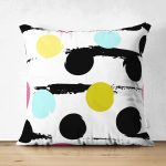 Çift Taraflı Beyaz Zeminli Renkli Puantiye Desenli Dijital Baskılı Modern Süet Yastık Kırlent Kılıfı Realhomes