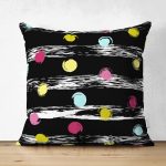 Çift Taraflı Siyah Zemin Üzerinde Renkli Puantiyeli Desenli Modern Süet Yastık Kırlent Kılıfı Realhomes