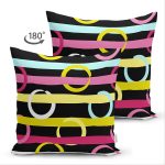 Çift Taraflı Siyah Zemin Üzerinde Modern Çizgili Renkli Puantiyeli Süet Yastık Kırlent Kılıfı Realhomes