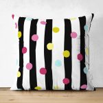 Çift Taraflı Beyaz Zemin Üzerinde Modern Siyah Çizgili Renkli Puantiyeli Süet Yastık Kırlent Kılıfı Realhomes