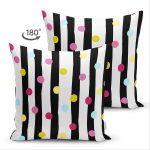 Çift Taraflı Beyaz Zemin Üzerinde Modern Siyah Çizgili Renkli Puantiyeli Süet Yastık Kırlent Kılıfı Realhomes