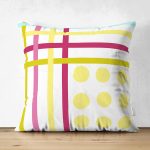 Çift Taraflı Beyaz Zemin Üzerinde Modern Renkli Çizgili Sarı Puantiyeli Süet Yastık Kırlent Kılıfı Realhomes