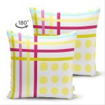 Çift Taraflı Beyaz Zemin Üzerinde Modern Renkli Çizgili Sarı Puantiyeli Süet Yastık Kırlent Kılıfı Realhomes
