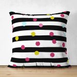 Çift Taraflı Beyaz Zemin Üzerinde Modern Siyah Çizgili Renkli Puantiyeli Süet Yastık Kırlent Kılıfı Realhomes