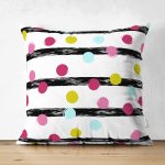 Çift Taraflı Beyaz Zemin Üzerinde Modern Siyah Çizgili Renkli Puantiyeli Süet Yastık Kırlent Kılıfı Realhomes