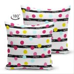 Çift Taraflı Beyaz Zemin Üzerinde Modern Siyah Çizgili Renkli Puantiyeli Süet Yastık Kırlent Kılıfı Realhomes