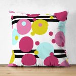 Çift Taraflı Beyaz Zemin Üzerinde Siyah Modern Çizgili Renkli Puantiyeli Süet Yastık Kırlent Kılıfı Realhomes