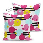 Çift Taraflı Beyaz Zemin Üzerinde Siyah Modern Çizgili Renkli Puantiyeli Süet Yastık Kırlent Kılıfı Realhomes