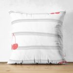 Çift Taraflı Beyaz Zemin Üzerinde Gri Modern Çizgili Kiraz Desenli Süet Yastık Kırlent Kılıfı Realhomes