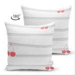 Çift Taraflı Beyaz Zemin Üzerinde Gri Modern Çizgili Kiraz Desenli Süet Yastık Kırlent Kılıfı Realhomes