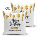 Çift Taraflı Beyaz Zemin Üzerinde Gold Detaylı Merry Christmas Yazılı Süet Yastık Kırlent Kılıfı Realhomes