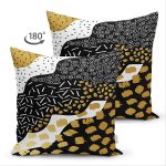 Çift Taraflı Renkli Zemin Üzerinde Gold Detaylı Modern Desenli Modern Süet Yastık Kırlent Kılıfı Realhomes