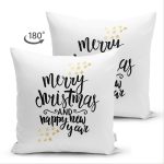 Çift Taraflı Beyaz Zemin Üzerinde Gold Detaylı Merry Christmas Yazılı Süet Yastık Kırlent Kılıfı Realhomes