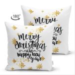 Çift Taraflı Beyaz Zemin Üzerinde Gold Detaylı Merry Christmas Yazılı Süet Yastık Kırlent Kılıfı Realhomes