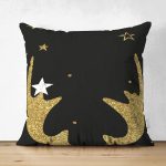 Çift Taraflı Siyah Zemin Üzerinde Gold Detaylı Modern Geyik Desenli Süet Yastık Kırlent Kılıfı Realhomes