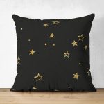Çift Taraflı Siyah Zemin Üzerinde Gold Renkli Yıldız Desenli Modern Süet Yastık Kırlent Kılıfı Realhomes