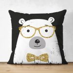 Çift Taraflı Siyah Zemin Üzerinde Gold Detaylı Sevimli Ayıcık Modern Süet Yastık Kırlent Kılıfı Realhomes