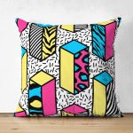 Çift Taraflı Beyaz Zemin Üzerinde Renkli Geometrik Desenli Dijital Baskılı Modern Süet Yastık Kılıfı Realhomes