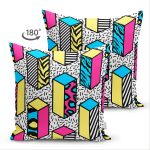 Çift Taraflı Beyaz Zemin Üzerinde Renkli Geometrik Desenli Dijital Baskılı Modern Süet Yastık Kılıfı Realhomes