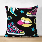 - Suet-K-7845-Gorsel1 - Realhomes Çift Taraflı Siyah Zeminli Renkli Ayakkabı Desenli Dijital Baskılı Modern Süet Yastık Kırlent Kılıfı Realhomes