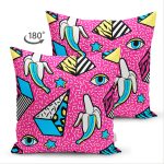 Çift Taraflı Pembe Zeminli Modern Renkli Desenli Dijital Baskılı Modern Süet Yastık Kırlent Kılıfı Realhomes