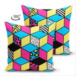 Çift Taraflı Renkli Zemin Üzerinde Modern Geometrik Küp Desenli Modern Süet Yastık Kırlent Kılıfı Realhomes