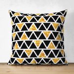 Çift Taraflı Siyah Zemin Üzerinde Gold Detaylı Geometrik Desenli Süet Yastık Kırlent Kılıfı Realhomes