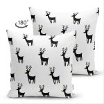 Çift Taraflı Beyaz Zeminli Siyah Geyik Desenli Dijital Baskılı Modern Süet Yastık Kırlent Kılıfı Realhomes