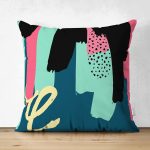 Çift Taraflı Renkli Zemin Üzerinde Soyut Çizimli Modern Geometrik Desen Süet Yastık Kırlent Kılıfı Realhomes