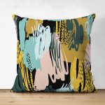 Çift Taraflı Siyah Zemin Üzerinde Soyut Çizimli Geometrik Desen Modern Süet Yastık Kırlent Kılıfı Realhomes