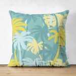 Çift Taraflı Renkli Zemin Üzerinde Soyut Çizimli Palmiyeler Modern Süet Yastık Kırlent Kılıfı Realhomes