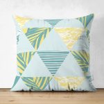 Çift Taraflı Renkli Zemin Üzerinde Geometrik Desenli Palmiyeler Modern Süet Yastık Kırlent Kılıfı Realhomes