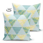Çift Taraflı Renkli Zemin Üzerinde Geometrik Desenli Palmiyeler Modern Süet Yastık Kırlent Kılıfı Realhomes