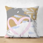 Çift Taraflı Renkli Zemin Üzerinde Soyut Çizimli Kalp Desenli Modern Süet Yastık Kırlent Kılıfı Realhomes