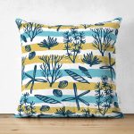 Çift Taraflı Beyaz Zemin Üzerinde Renkli Modern Çizgili Deniz Motifli Süet Yastık Kırlent Kılıfı Realhomes