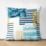 - Suet-K-7916-Gorsel1 - Realhomes Çift Taraflı Beyaz Zemin Üzerinde Renkli Modern Çizgili Yaprak Motifli Süet Yastık Kırlent Kılıfı Realhomes